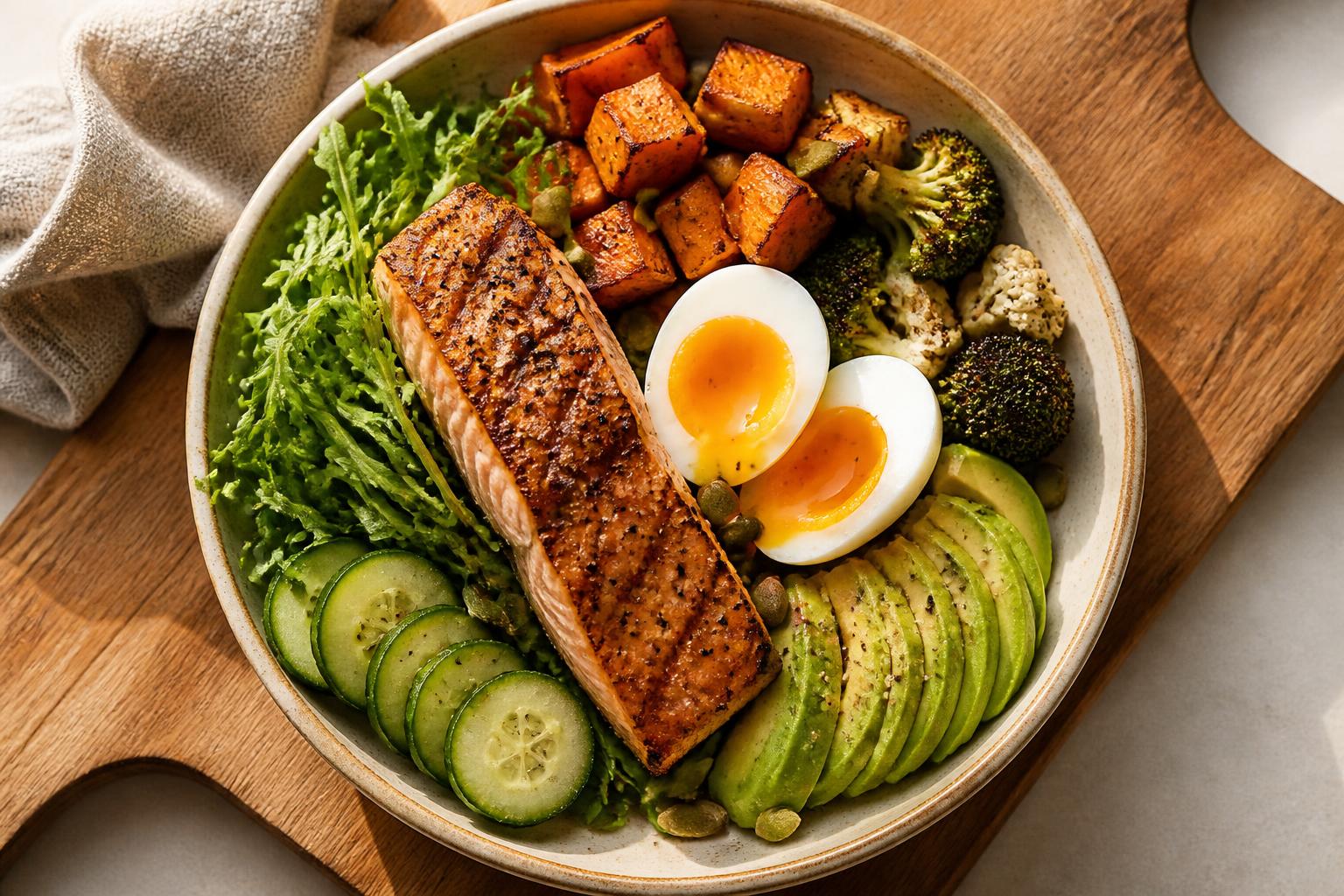 A protein-forward bowl of grilled salmon, soft-boiled egg, avocado and roasted vegetables