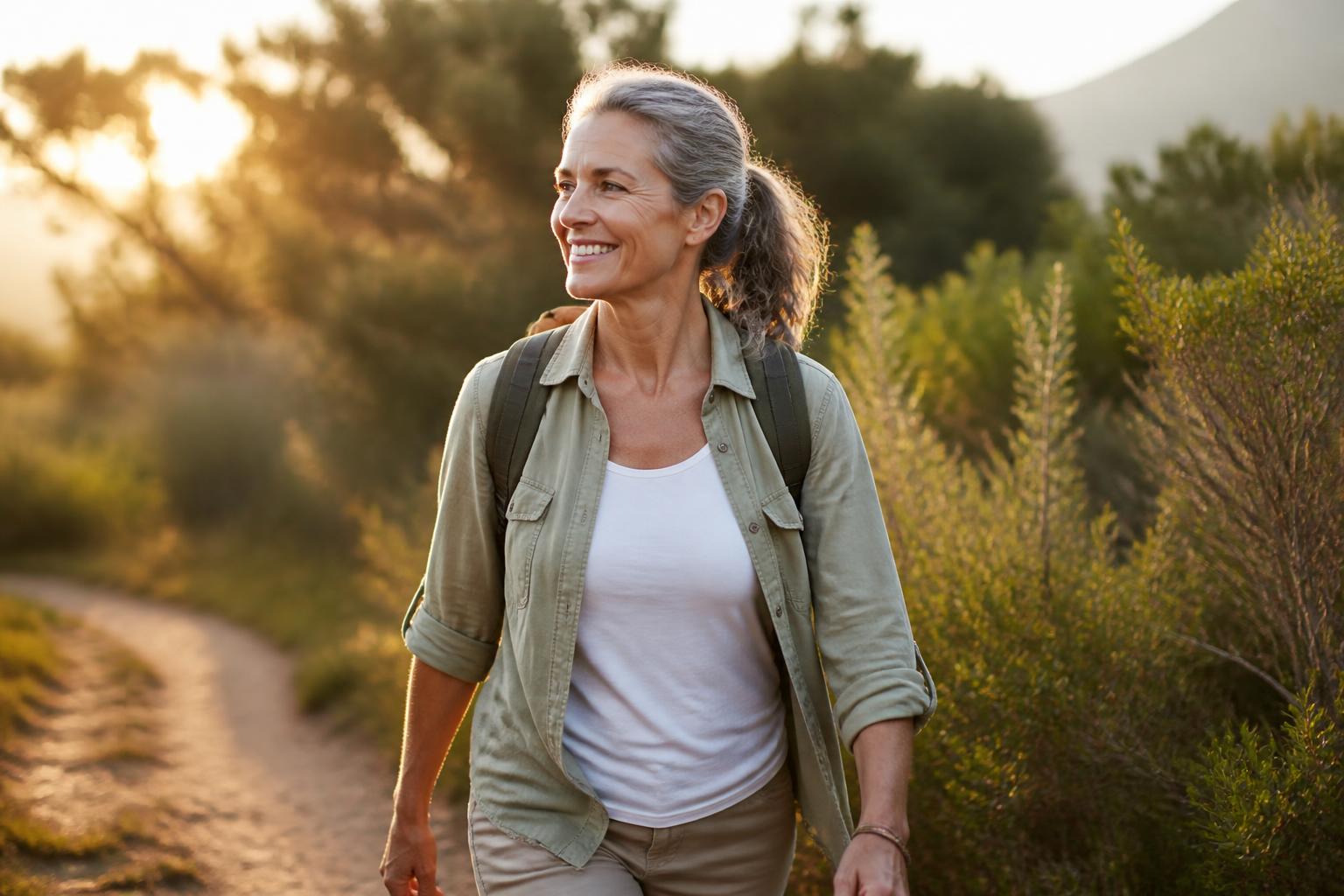 An energised woman walking through a sunlit nature path in early morning